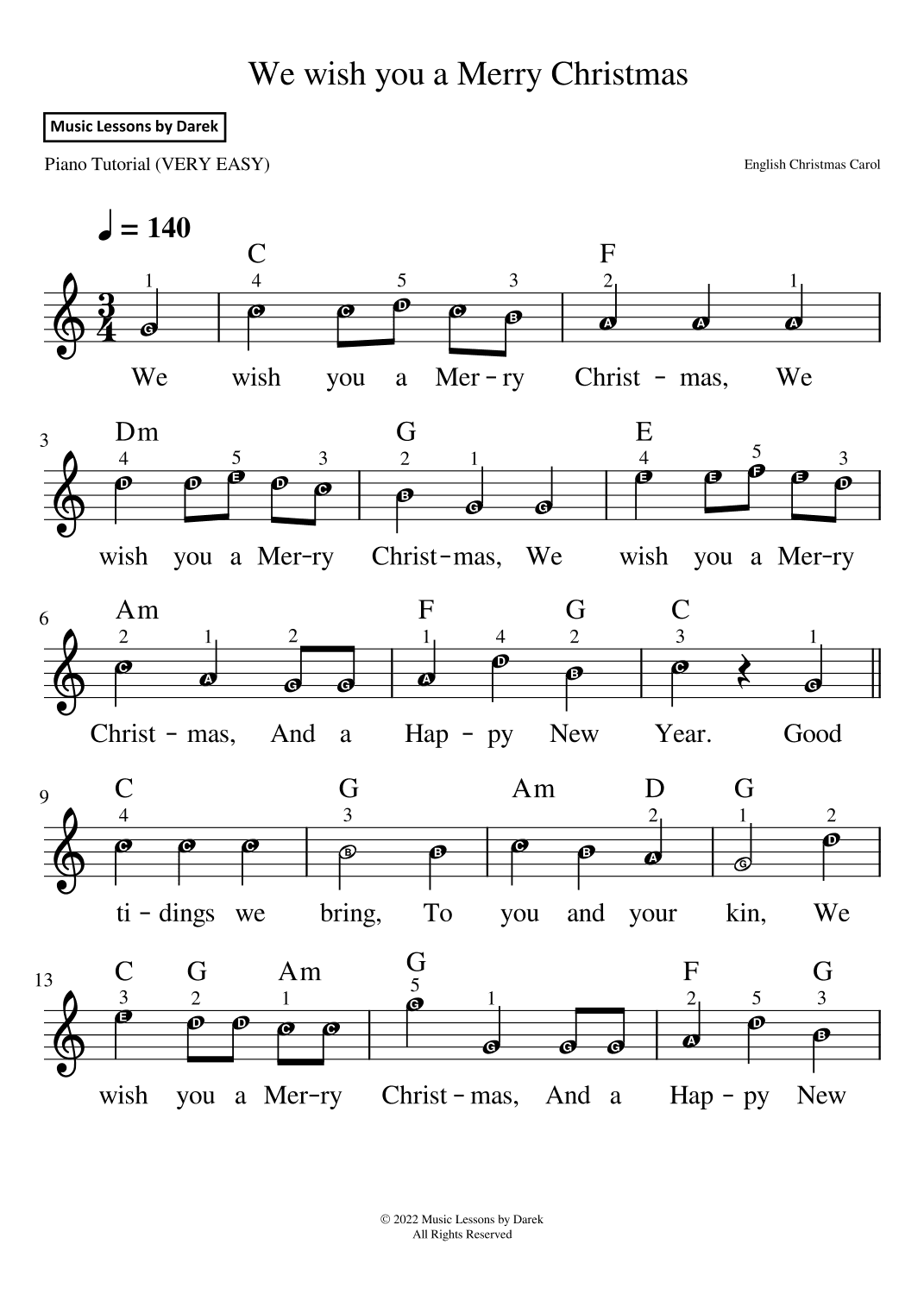 We Wish You a Merry Christmas - Christmas Carol [VERY EASY PIANO] (arr. Darek)