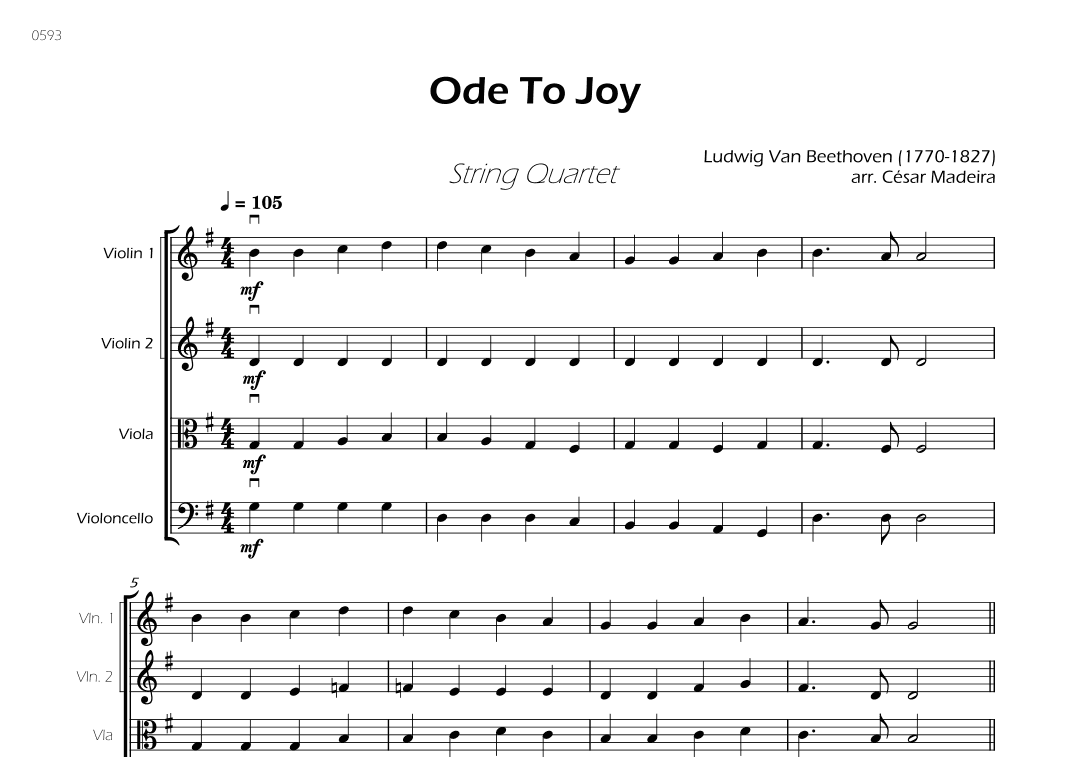 Ode To Joy - Easy String Quartet (Full Score) - Score Only (arr. César Madeira)