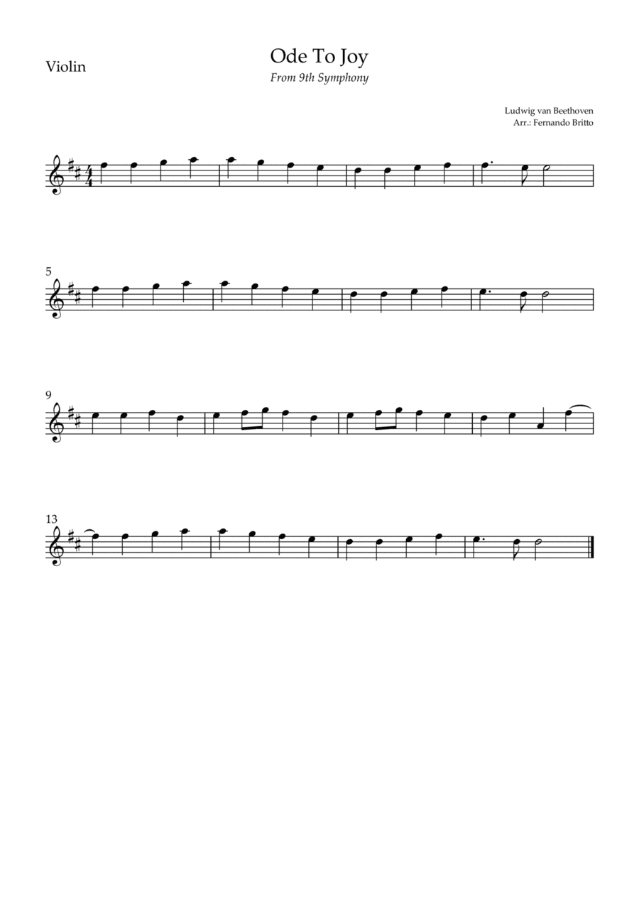 Ode To Joy (from Beethoven's 9th Symphony) for Violin Solo (arr. Fernando Britto)