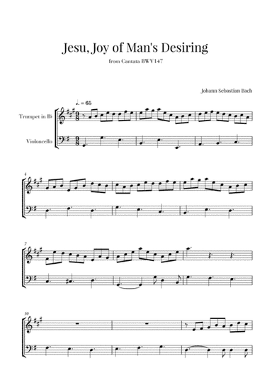 Bach - Jesu, Joy of Man's Desiring for Trumpet in Bb and Cello (arr. Cadenza Editions)