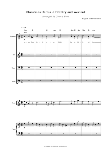 Christmas Carols - Coventry and Wexford - SATB flute/violin/cello and Piano parts included (arr. Connie Boss)