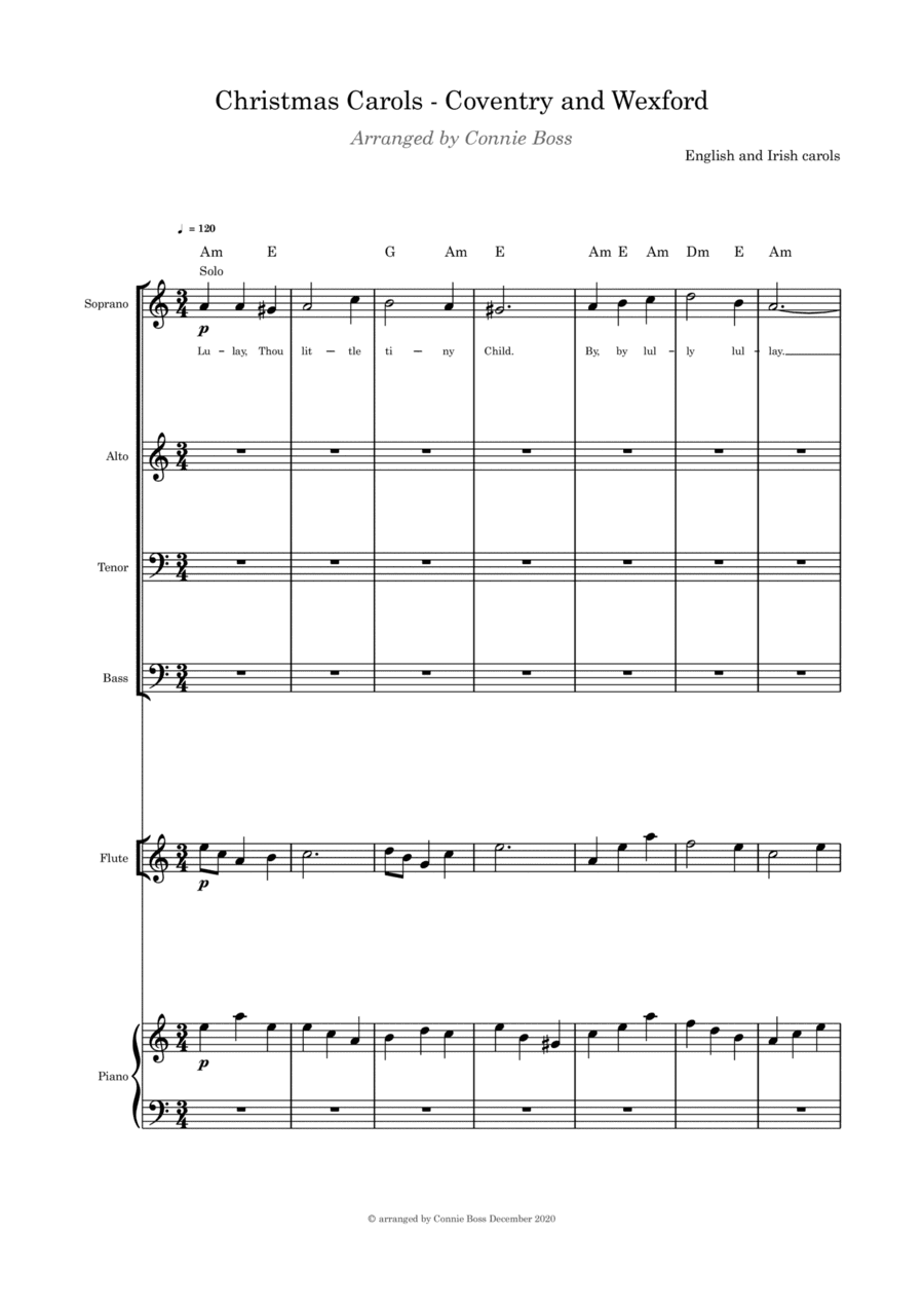 Christmas Carols - Coventry and Wexford - SATB flute/violin/cello and Piano parts included (arr. Connie Boss)