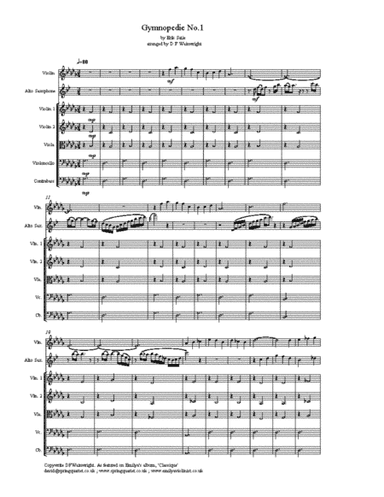 Gymnopedie No 1 by Satie, arranged for solo violin, alto saxophone and strings score & parts (arr. D F Wainwright)