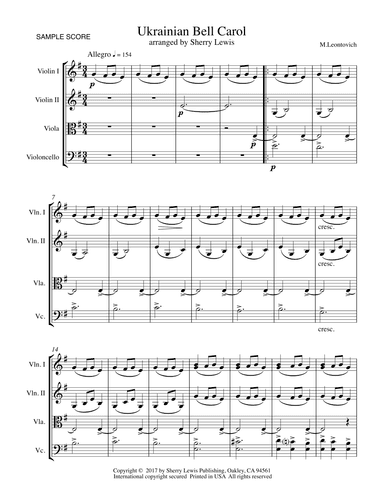 UKRAINIAN BELL CAROL (Carol of the Bells) String Quartet, Intermediate Level for 2 violins, viola an (arr. Sherry Lewis)