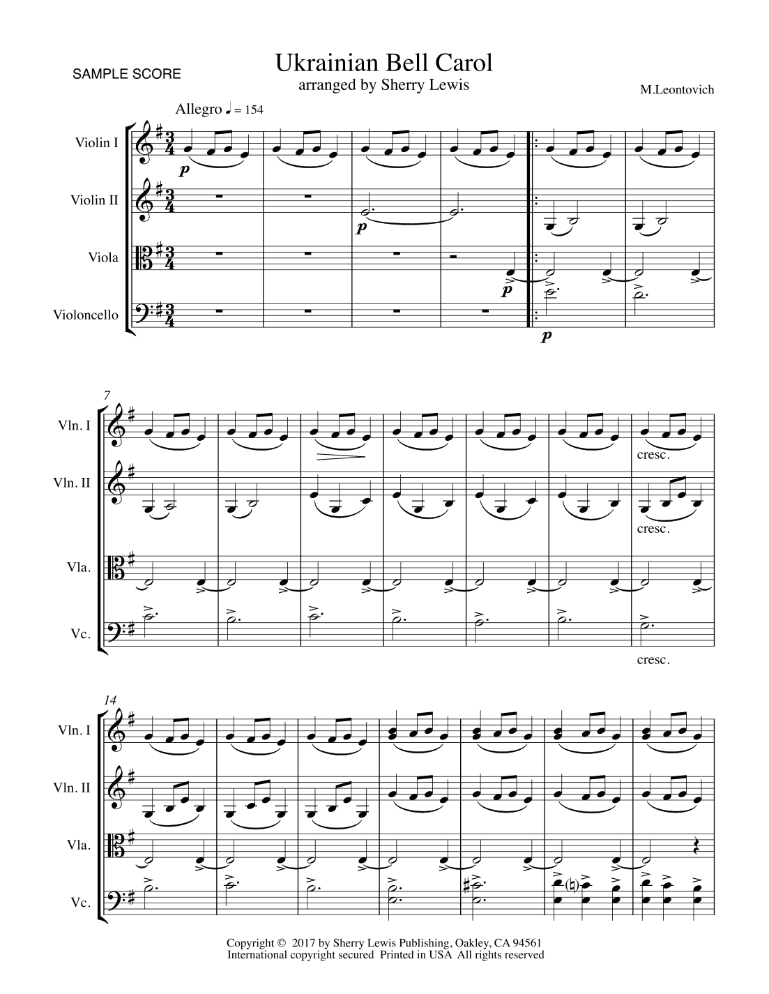 UKRAINIAN BELL CAROL (Carol of the Bells) String Quartet, Intermediate Level for 2 violins, viola an (arr. Sherry Lewis)