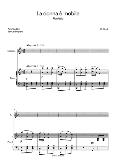 La donna è mobile - for soprano- in F (arr. Samuel Sequeira)