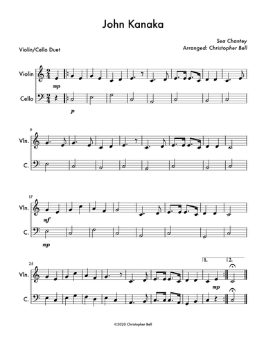 John Kanaka (Easy Violin/Cello Duet) (arr. Christopher Bell)
