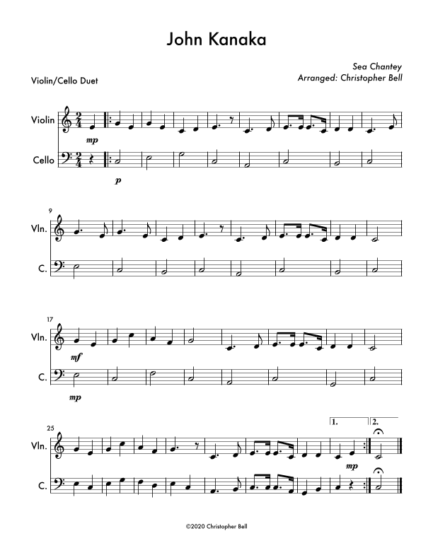 John Kanaka (Easy Violin/Cello Duet) (arr. Christopher Bell)