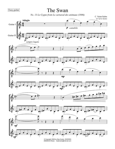 The Swan / Le Cygne for easy guitar duo (arr. K. Krantz)