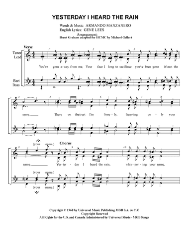 Yesterday I Heard The Rain (arr. Brent Graham adapted for HCMC by Michael Gellert)