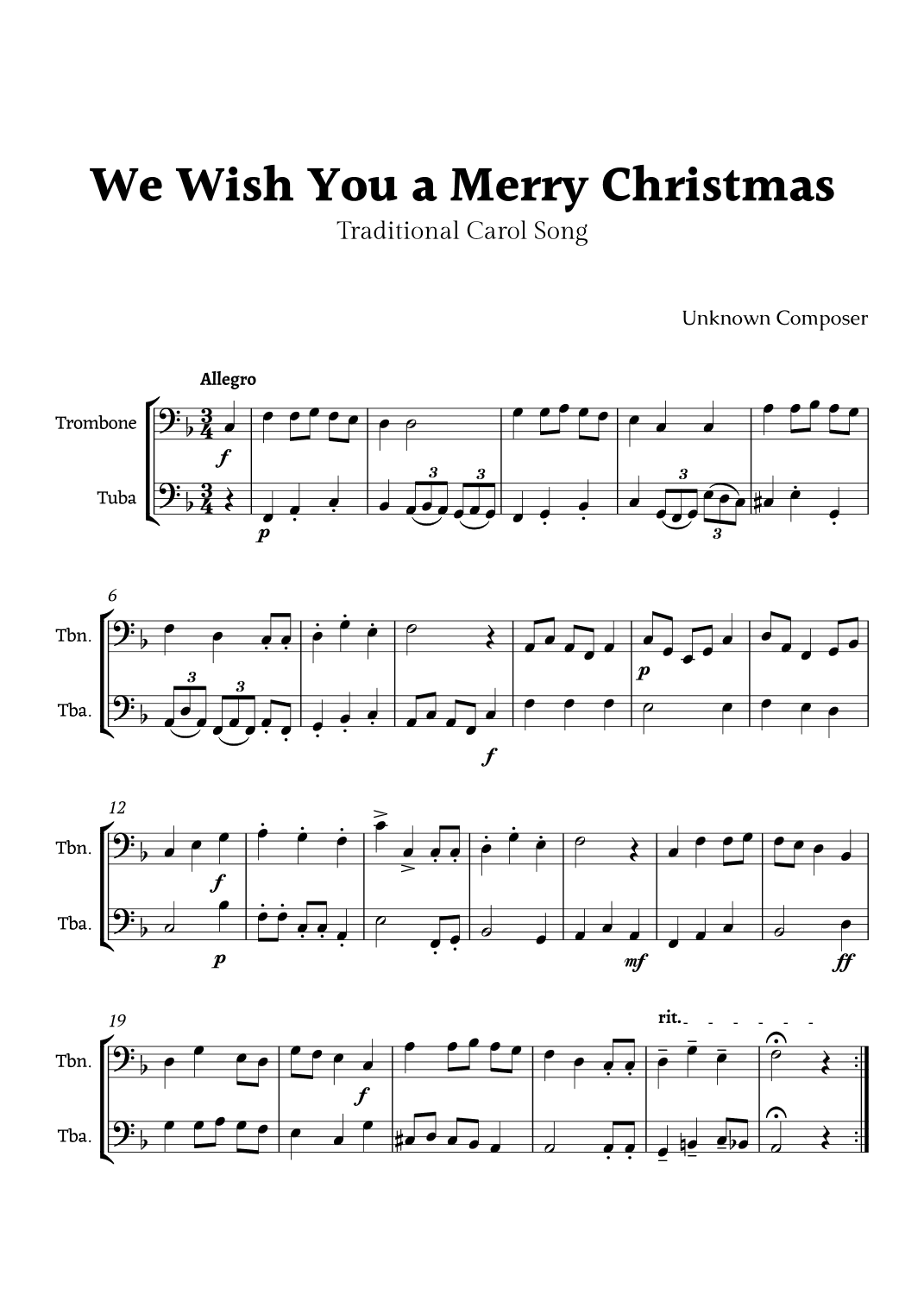 We Wish you a Merry Christmas for Trombone and Tuba Duet (arr. Rika K.)