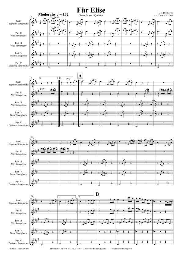 For Elise - Ludwig van Beethoven - Saxophone Quintet (arr. Thomas Graf)