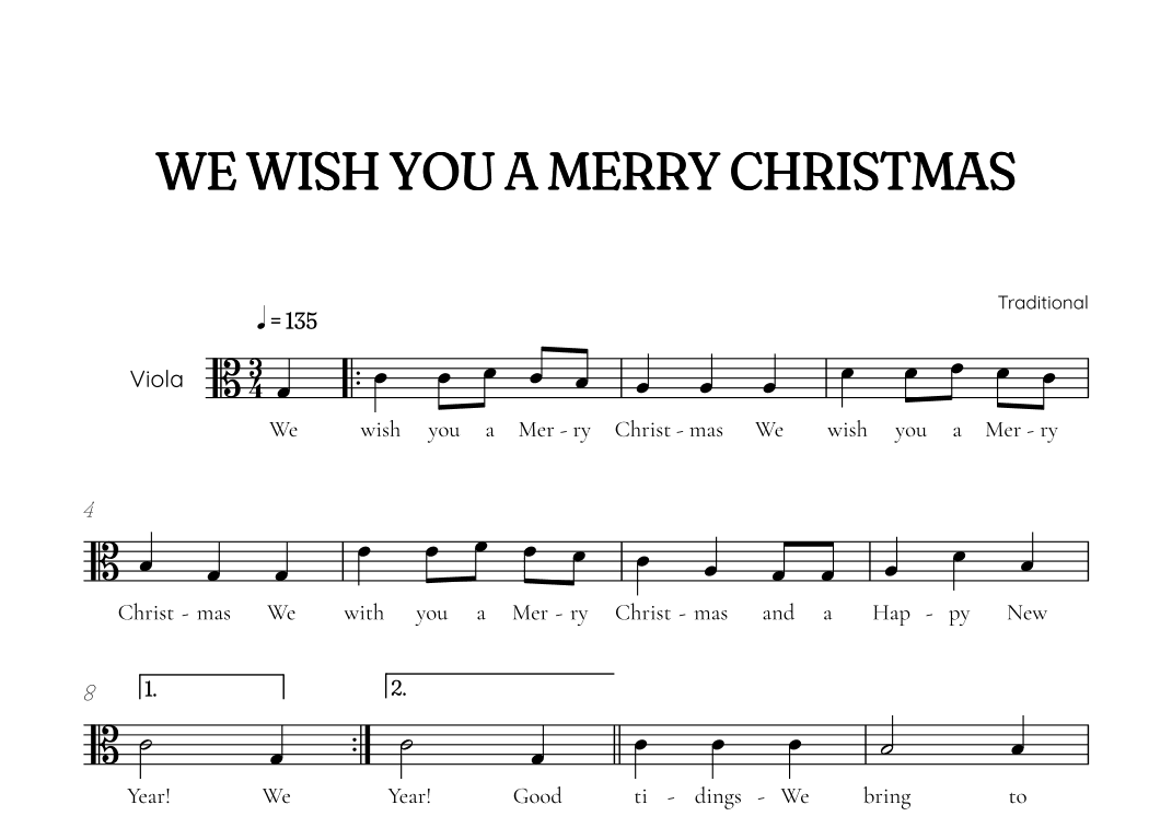 We Wish You a Merry Christmas for viola • easy Christmas sheet music (arr. Benzaiten Editions)