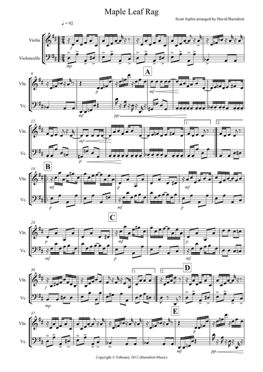 Maple Leaf Rag for Violin and Cello (arr. David Burndrett)