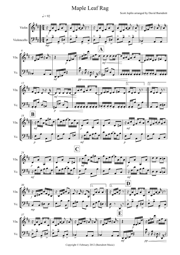 Maple Leaf Rag for Violin and Cello (arr. David Burndrett)