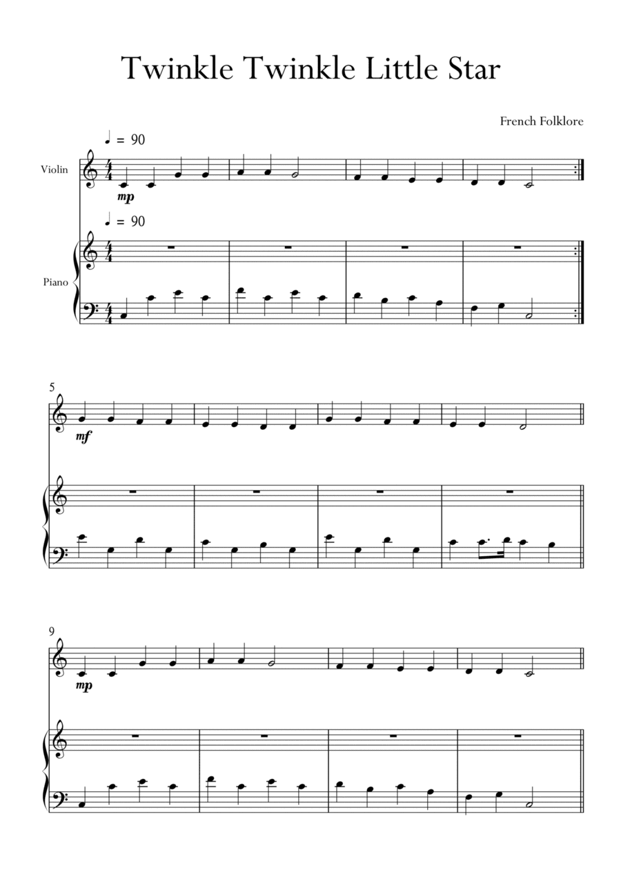 Twinkle Twinkle Little Star for Violin and Piano in C Major. Very Easy. (arr. Matheus Araújo)