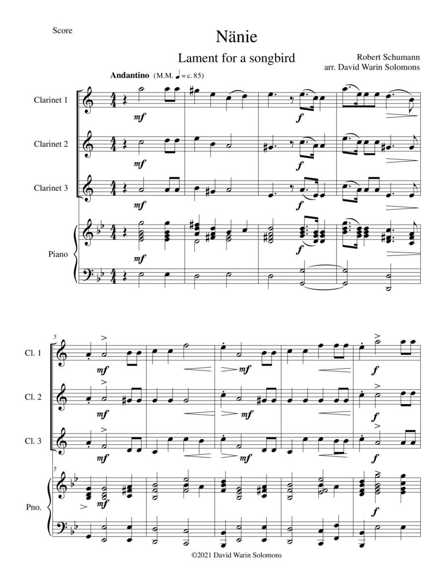 Nänie - lament for a songbird - for clarinet trio and piano (arr. David Warin Solomons)