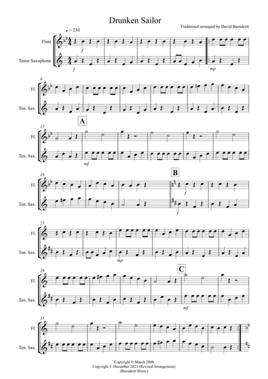 Drunken Sailor for Flute and Tenor Saxophone Duet (arr. David Burndrett)