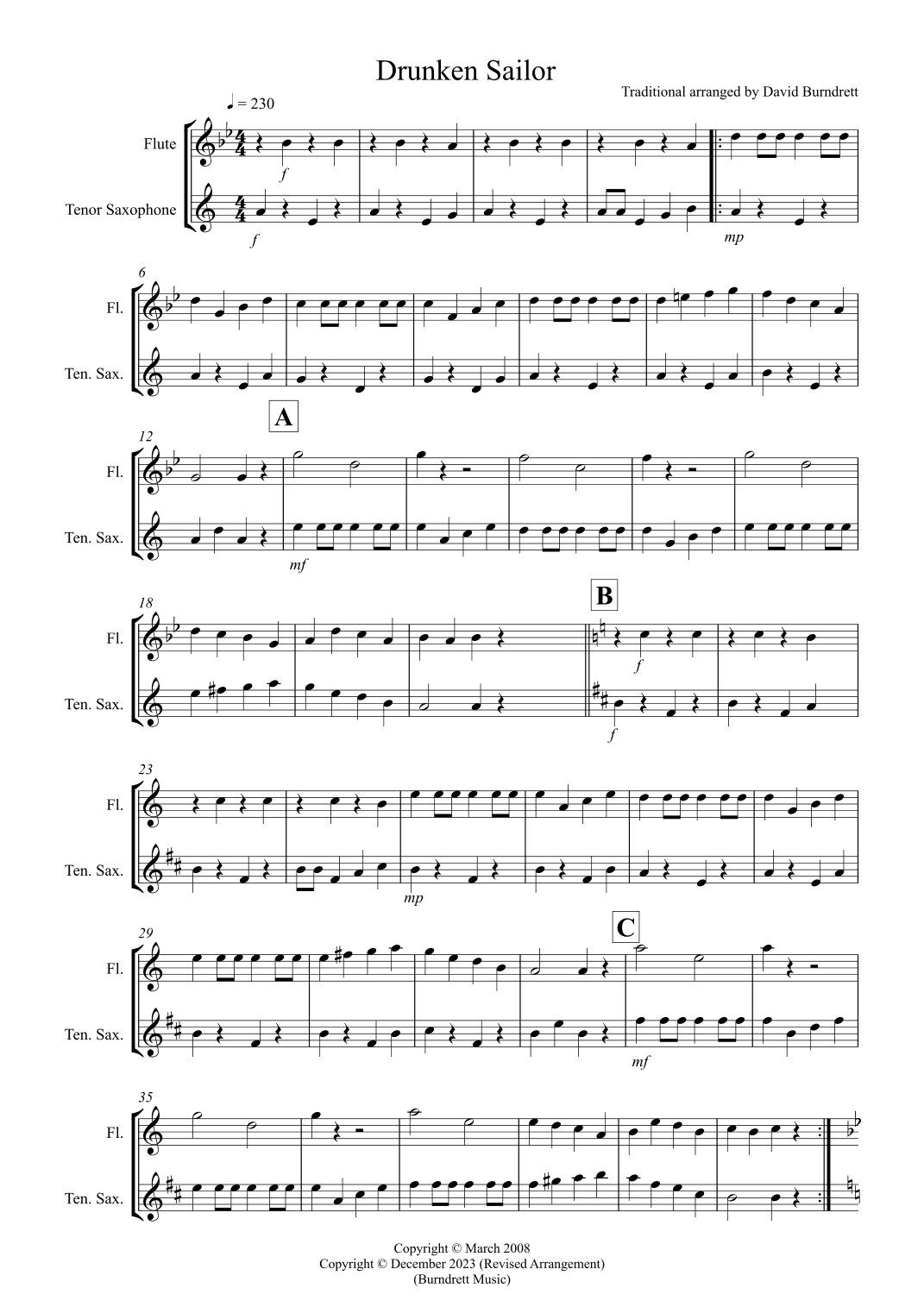 Drunken Sailor for Flute and Tenor Saxophone Duet (arr. David Burndrett)