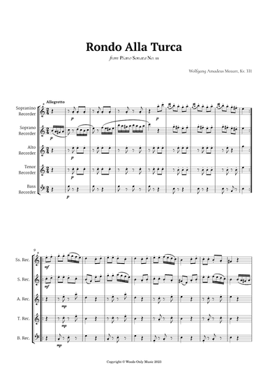 Rondo Alla Turca by Mozart for Recorder Quintet (arr. Ander)