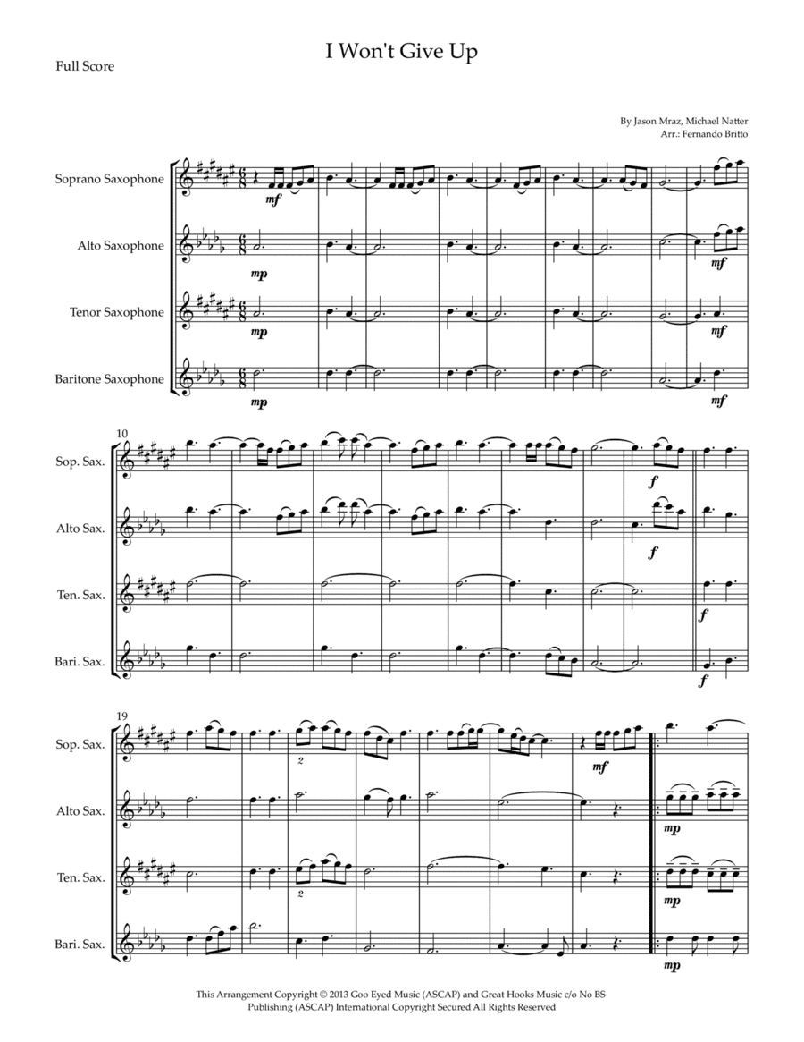 I Won't Give Up (arr. Fernando Britto)
