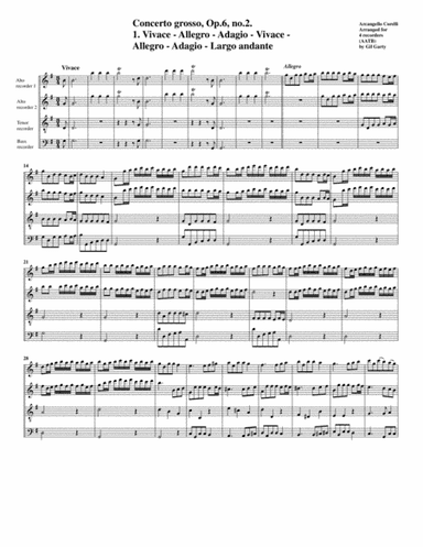 Concerto grosso, Op.6, no.2 (arrangement for 4 recorders) (arr. Gil Garty)