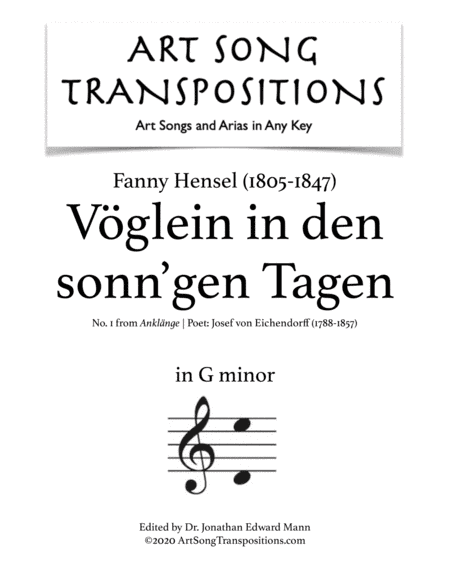 HENSEL: Vöglein in den sonn'gen Tagen (transposed to G minor) (arr. ArtSongTranspositions.com)