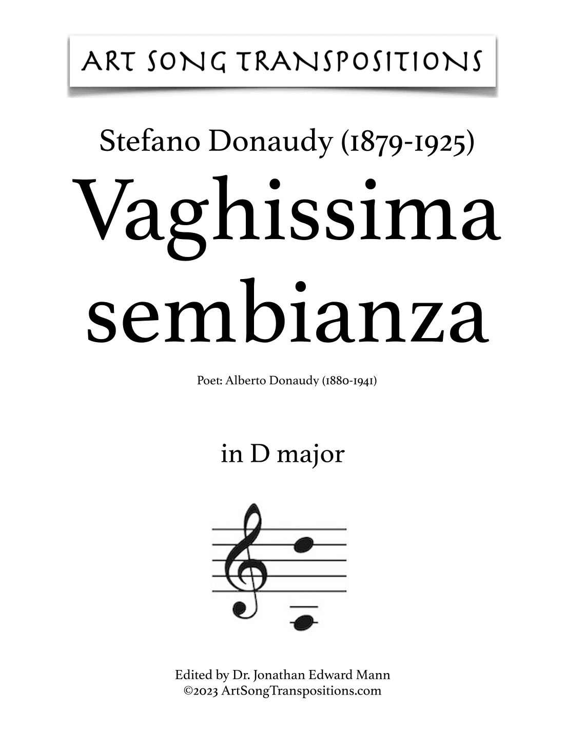DONAUDY: Vaghissima sembianza (transposed to D major and D-flat major) (arr. ArtSongTranspositions.com)