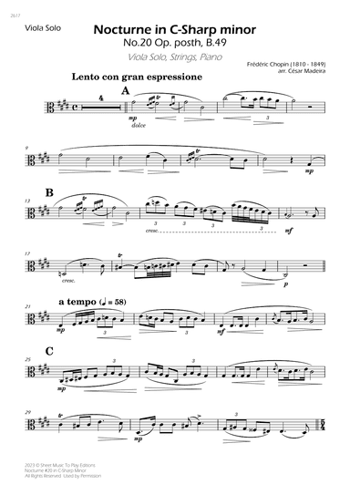 Nocturne No.20 in C Sharp minor - Viola Solo, Strings and Piano (Individual Parts) (arr. César Madeira)