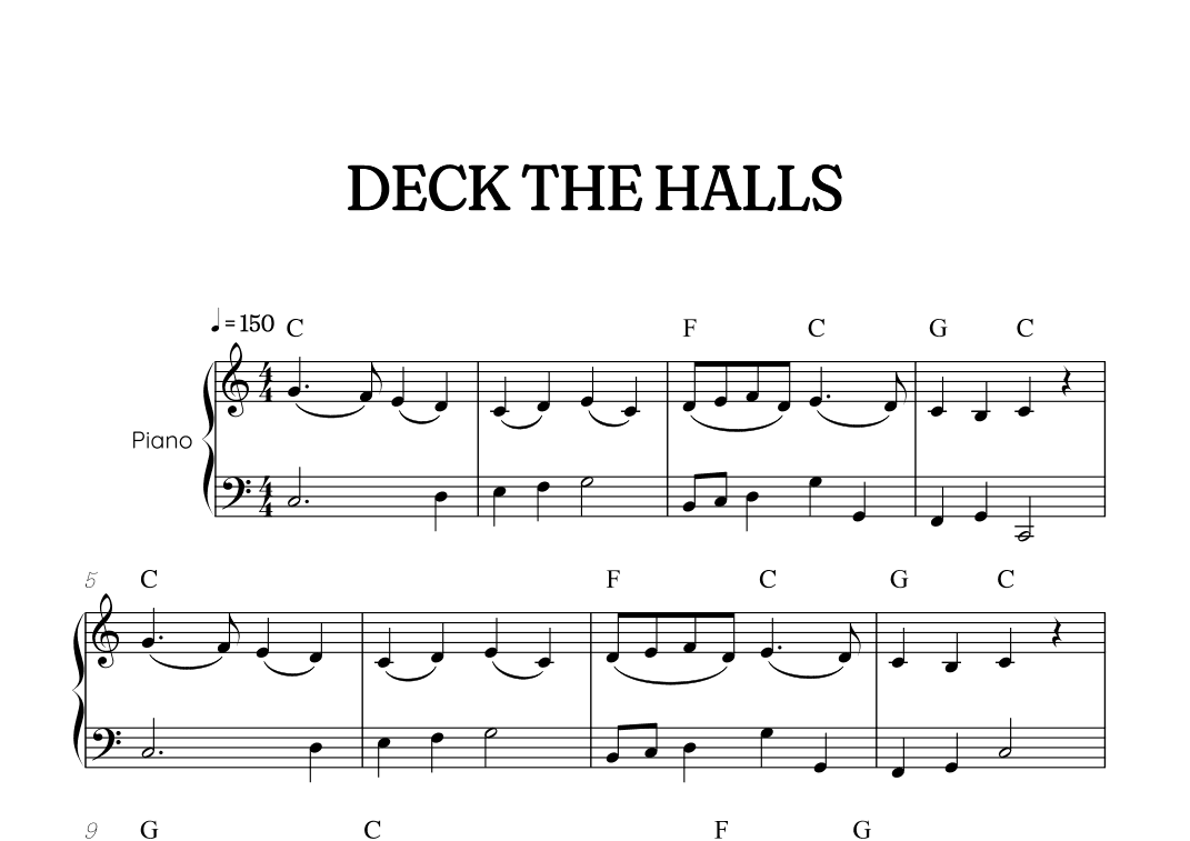 Deck the Halls for piano • intermediate Christmas song sheet music with chords (arr. Benzaiten Editions)