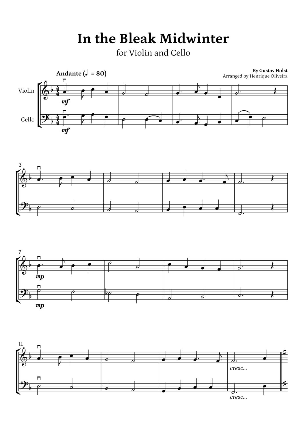 In the Bleak Midwinter (Violin and Cello) - Beginner Level (arr. Henrique Oliveira)
