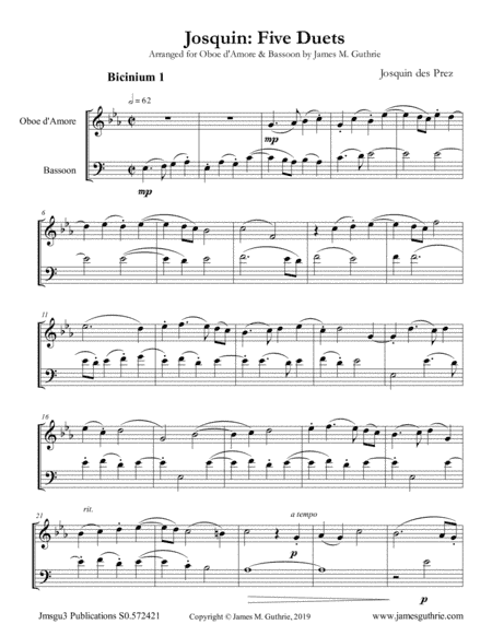 Josquin: Five Duets for Oboe d'Amore & Bassoon (arr. James M. Guthrie, ASCAP)