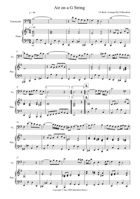 Air On A G String for Cello And Piano (arr. David Burndrett)