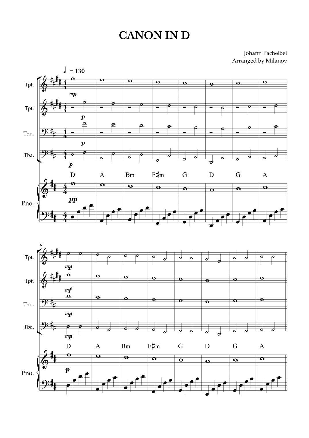 Canon in D | Pachelbel | Brass quartet | Piano accompaniment (arr. Milanov)