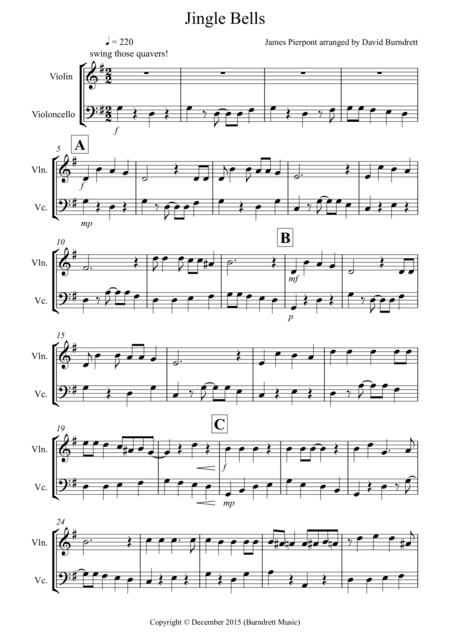 Jingle Bells (Jazzy Style!) for Violin and Cello Duet (arr. David Burndrett)