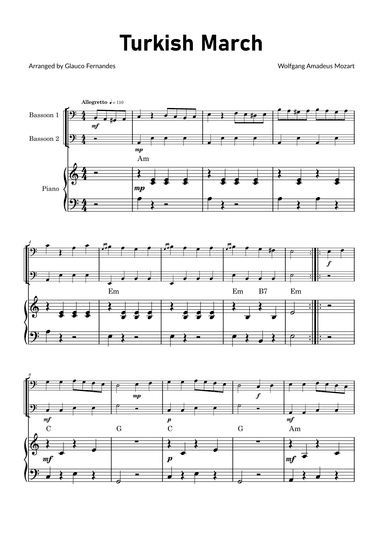 Turkish March by Mozart - Bassoon Duet with Piano and Chord Notations (arr. Glauco Fernandes)