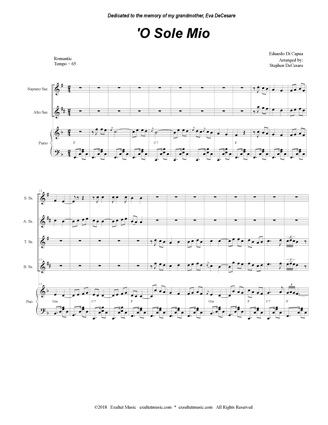 O Sole Mio (Saxophone Quartet and Piano) (arr. Stephen DeCesare)