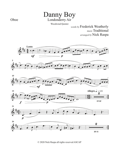Danny Boy (Londonderry Air) Woodwind Quintet (Fl, Ob, Cl, Hrn, Bsn) - Oboe part (arr. Nick Raspa)