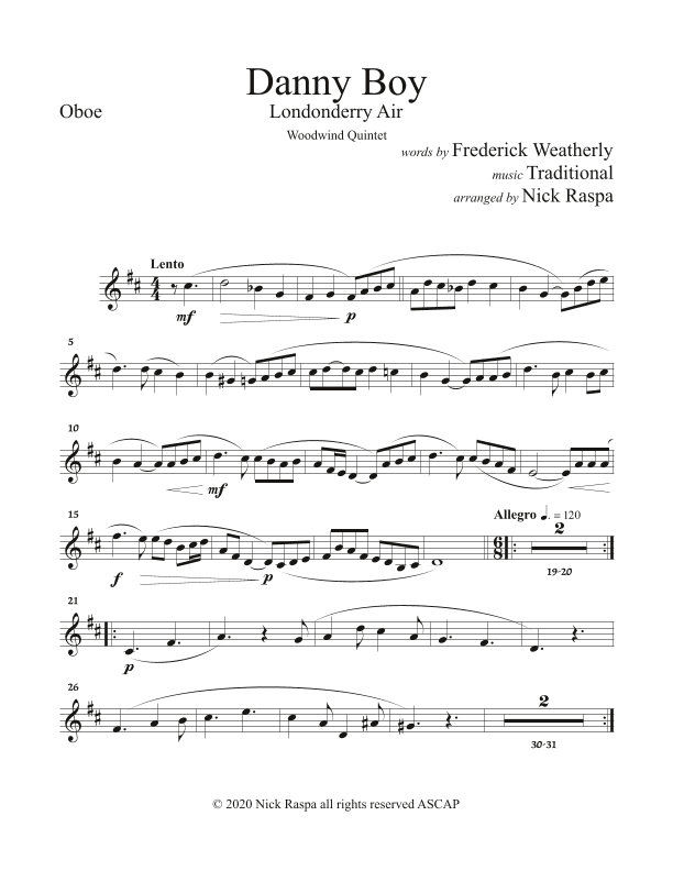 Danny Boy (Londonderry Air) Woodwind Quintet (Fl, Ob, Cl, Hrn, Bsn) - Oboe part (arr. Nick Raspa)