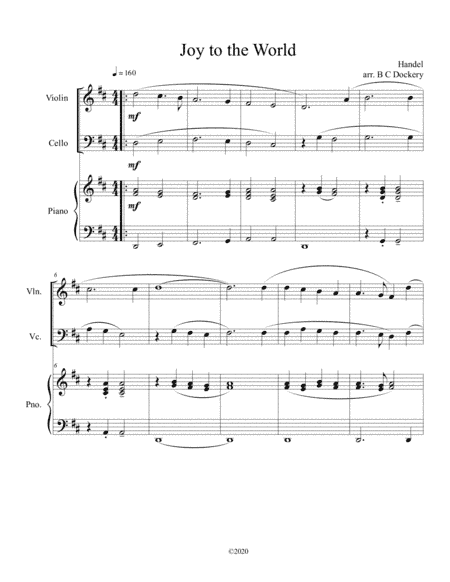 Joy to the World (violin and cello duet) with optional piano accompaniment (arr. B C Dockery)