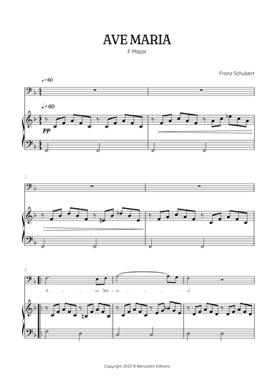 Schubert Ave Maria in F major • baritone voice sheet music with easy piano accompaniment (arr. Benzaiten Editions)