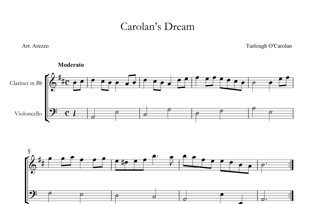 Carolan's Dream Clarinet and Cello Sheet Music Turlough'o Carolan (arr. Arezzo Music)
