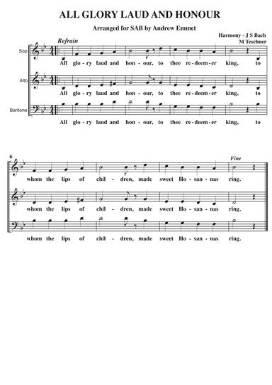 All Glory Laud And Honour A Cappella SAB (arr. Andrew Emmet)