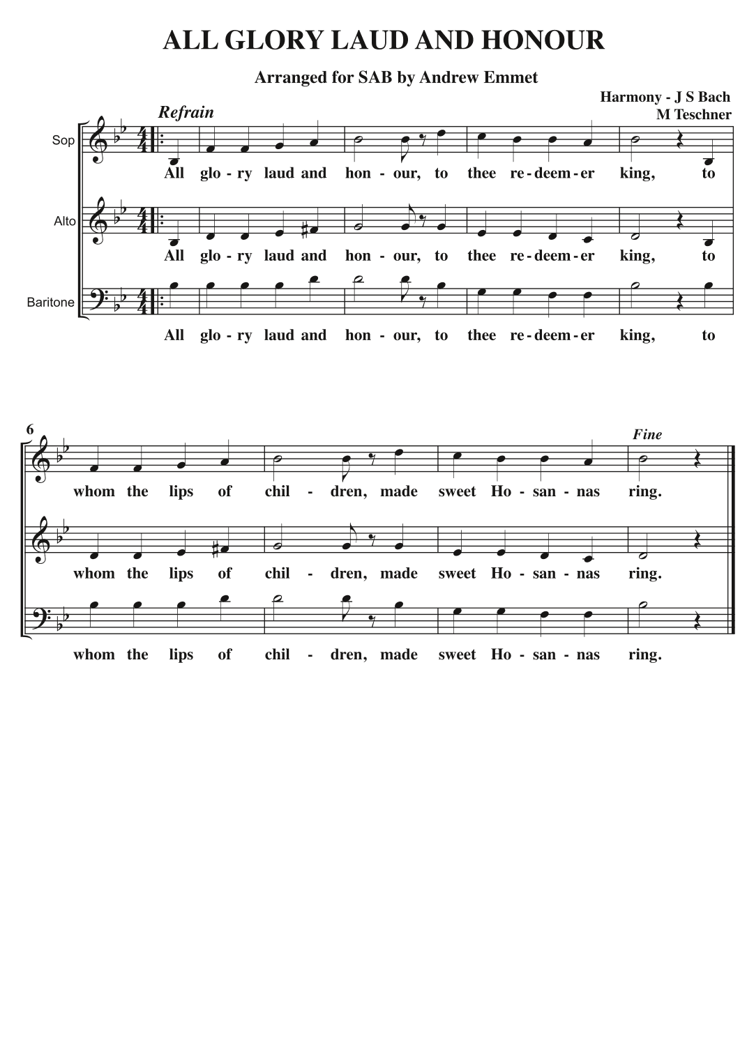 All Glory Laud And Honour A Cappella SAB (arr. Andrew Emmet)