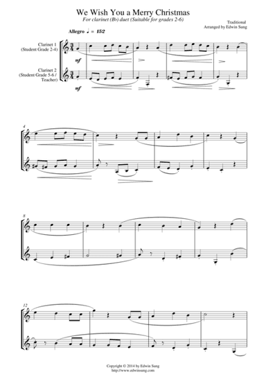 We Wish You A Merry Christmas (for clarinet (Bb) duet, suitable for grades 2-6) (arr. Edwin Sung)