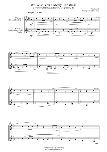 We Wish You A Merry Christmas (for clarinet (Bb) duet, suitable for grades 2-6) (arr. Edwin Sung)