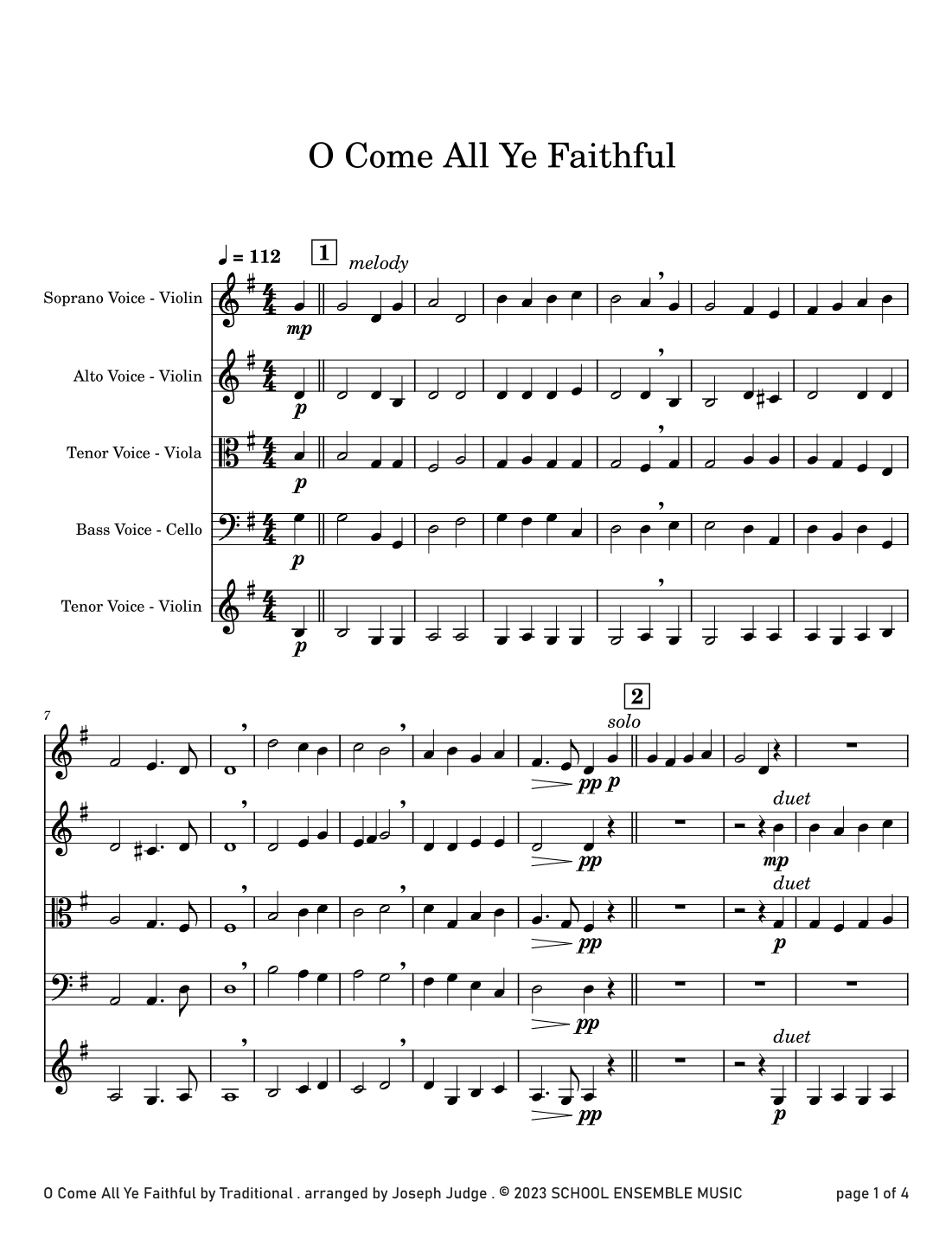 O Come All Ye Faithful for String Quartet in Schools (arr. Joseph Judge)