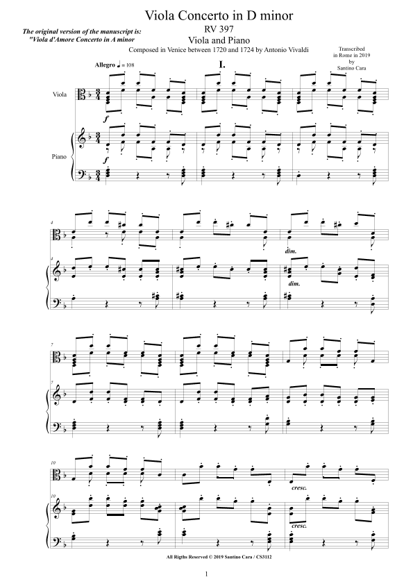 Vivaldi - Viola Concerto in D minor RV397 for Viola and Piano (arr. Santino Cara)
