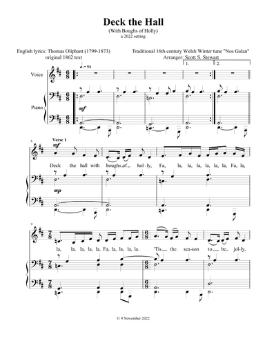 Deck the Hall (secular Christmas air – low voice) (arr. Scott S. Stewart)