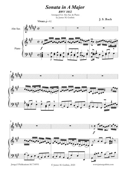 BACH: Sonata in A BWV 1032 for Alto Sax & Piano (arr. James Guthrie, ASCAP)